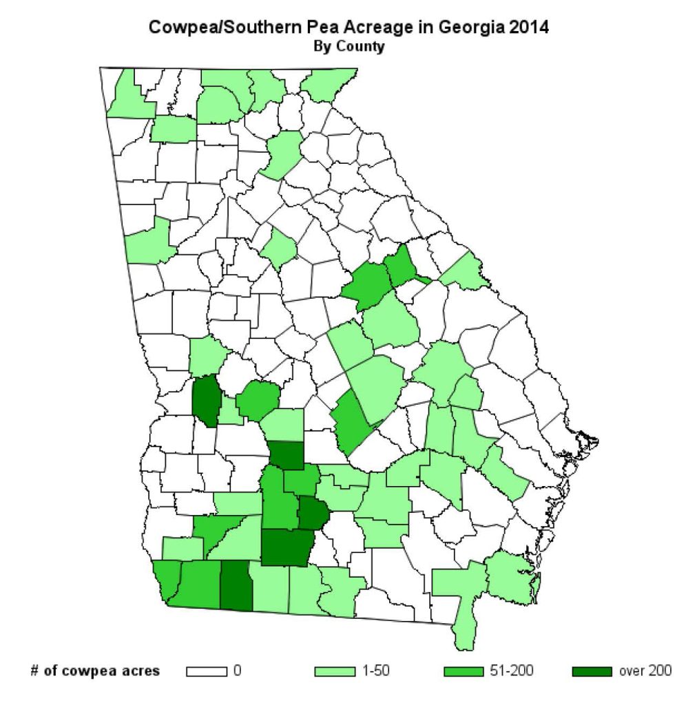 County map of the state of Georgia, showing the distribution of cowpea acreage per county.